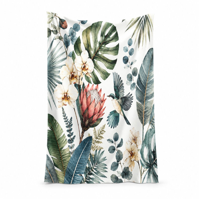 Serviette de plage pour oiseaux et fleurs tropicales 1Pcs, microfibre luxuriante à motif d'orchidée pour l'été, piscine, voyage, activités de plein air, unisexe.