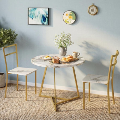 Round Dining Table Set for 2, Small Kitchen Table and Chairs Set with 2 Upholstered Chairs, Space-Saving Dinette Set with MDF Top and Metal Frame for Apartment.