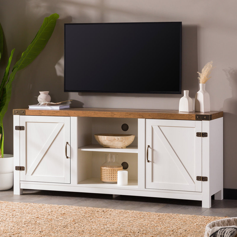 Modern Farmhouse Barn Door 3-Shelf TV Stand For Tvs Up To 65”, Brown/Oak