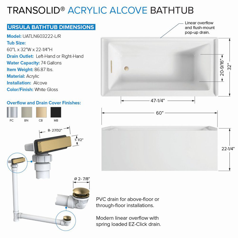Transolid Unity AFR 60-in x 32-in x 22-in Alcove Acrylic Bathtub Kit, White, Bronze, Left