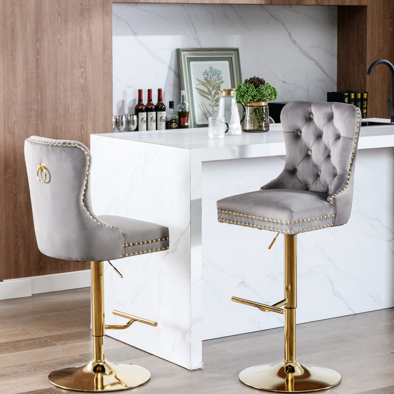 25 - 33 pouces de hauteur réglable, revêtement en velours, moderne avec, confortable pour îlot de cuisine de pub, gris de 2 tabourets de bar épais, pouces, cuisine rembourrée, 2 unités chacun