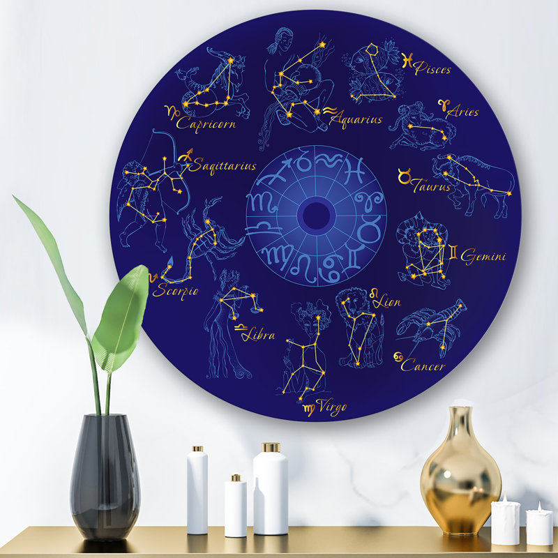 Zodiaque avec constellations et signes du zodiaque - art mural moderne en métal, H 23 po x l 23 po x P 1 po