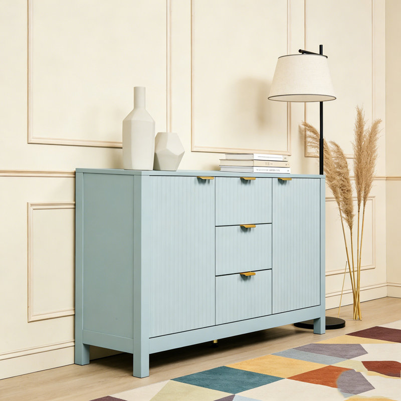 Buffet à motif ondulé - 3 tablettes réglables, 3 tiroirs et portes à fermeture en douceur, Cyan