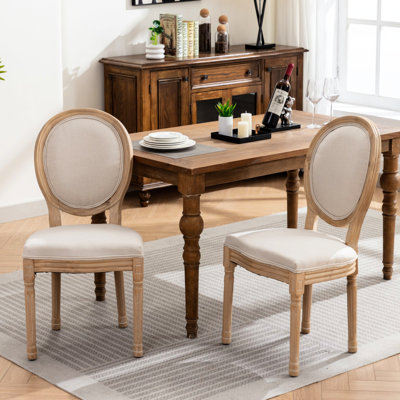 French Country Dining Chair Pair  2 , Beige Linen, Solid Wood Construction, Antique Painting, Comfy Feeling Of 2 Chairs, Frame, Linen Upholstery, Finish, Cozy