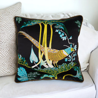 Embroidered Bird Silk Throw Pillow Cover