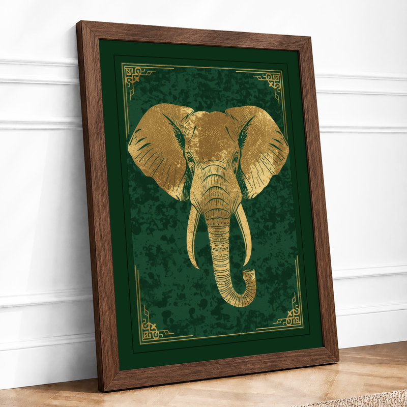 Golden Elephant Head Art Deco - Framed Print, A3 - 42.0 x 29.7 cm, Walnut