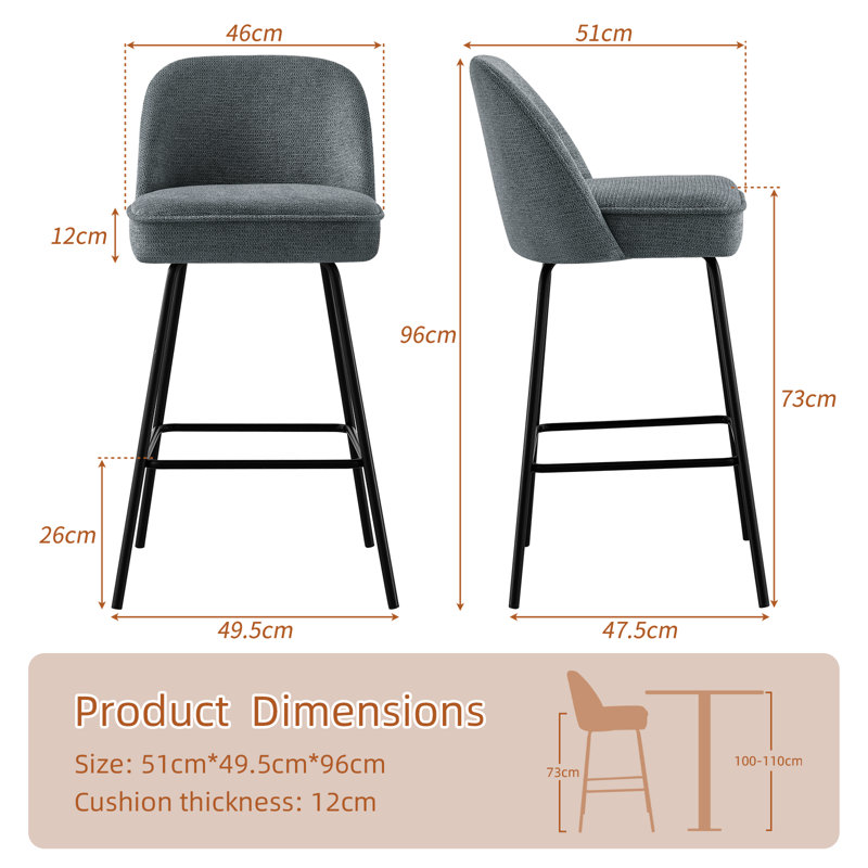 Fabric Upholstered Bar Stools with Spring and Footrest , Grey
