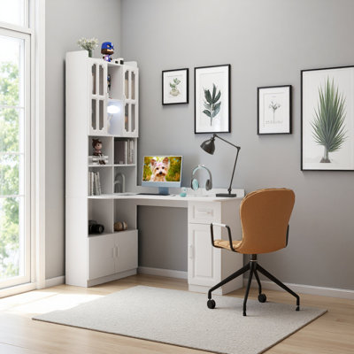 L-shaped Corner Computer Desk With Hutch, White Modern Office Desk With Bookshelf, Drawers & Cabinets, 2-in-1 Large Workstation For Home Office, Study