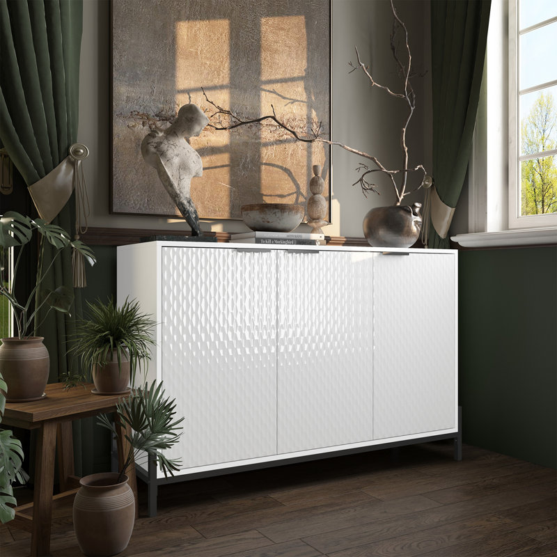 Buffet à 3 portes haute brillance avec pieds en métal thermolaqué, Blanc