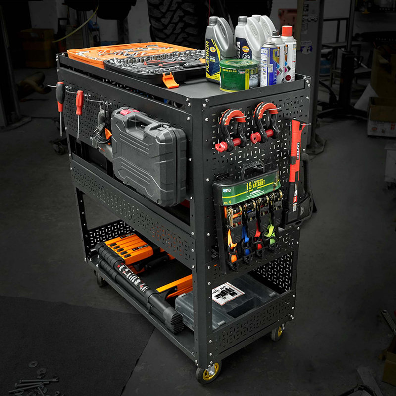 Chariot utilitaire de rangement à 3 niveaux avec chariot perforé et pliable avec roulettes pour organisateur de garage et rangement pour outils