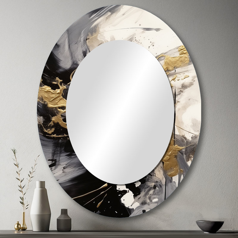 Gold And Grey Fluid Fusion IV - Gold Oval Wall Mirror Decor, 43" x 33"