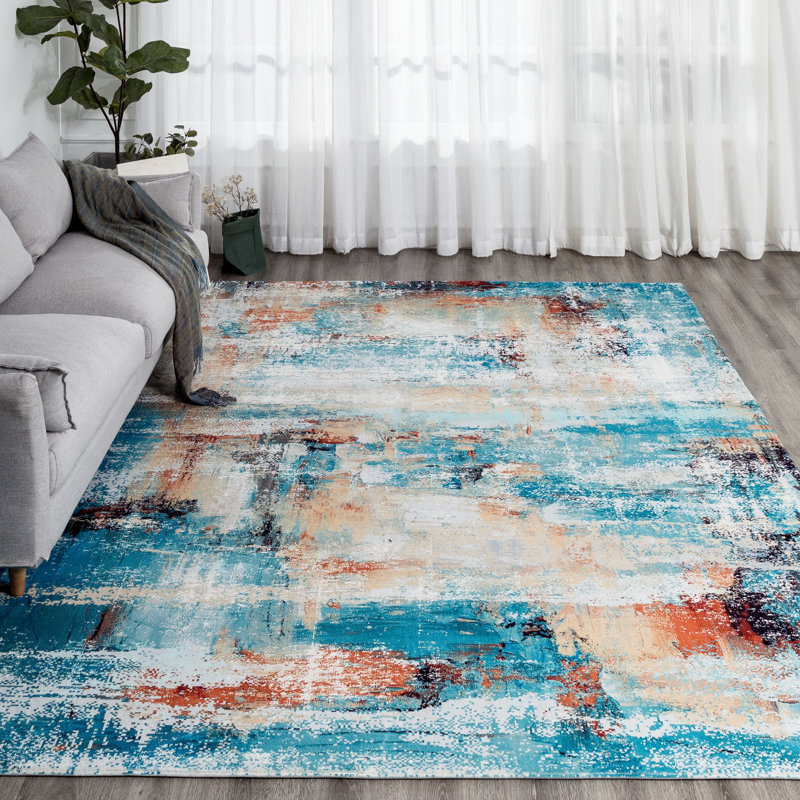 Abstract Area Rug in Blue, Rectangle 5'6" x 8'6"