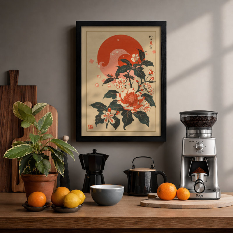 Spider Among Blooms Japandi - Framed Print, Black, A4 - 29.7 x 21.0 cm