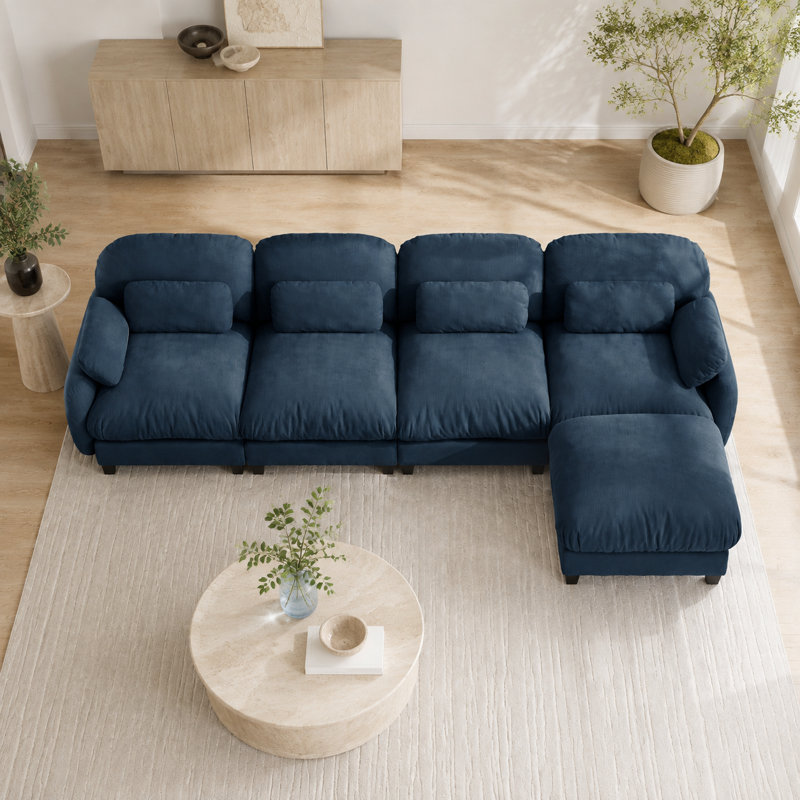 Canapé modulaire en chenille 4 places avec repose-pieds mobile Sarvis, coussins de style nuage et coussins lombaires Sarvis, bleu