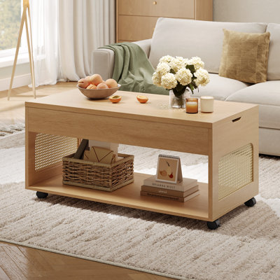 39.4" Lift top Rattan Coffee Table With Wheels, Hidden Compartment And Large Storage Shelf