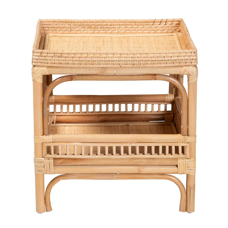 Natural Rattan Bohemian Square End Table with Shelf