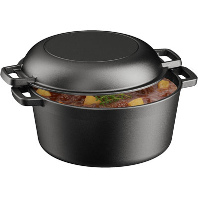 Faitout en fonte 2 en 1 avec couvercle de poêle Bakken, cocotte pré-assaisonnée de 5 pte pour la cuisson du pain, le rôtissage et la cuisson au feu de camp, utilisation intérieure et extérieure robuste avec deux poignées faciles à saisir