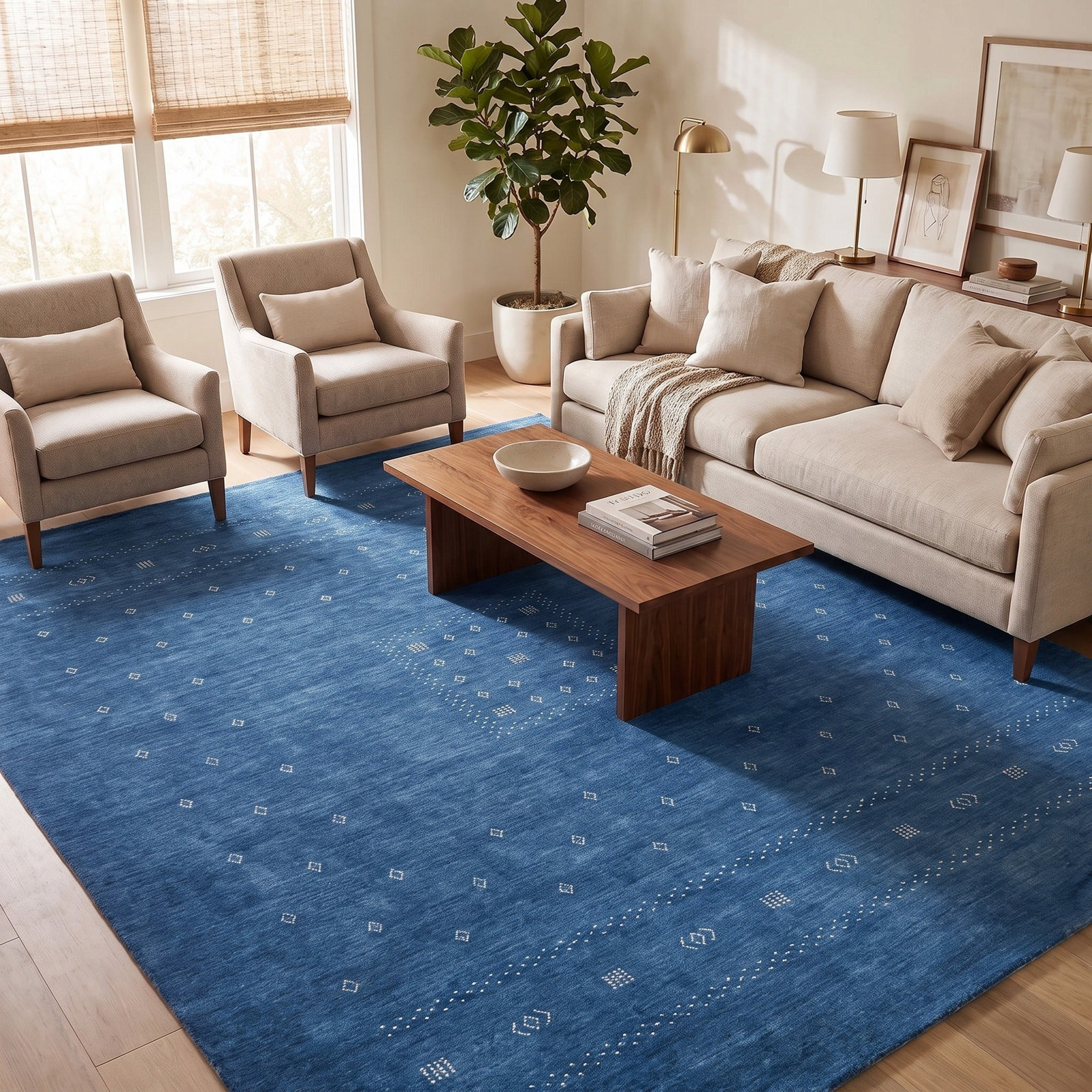 Simi Hand-Woven Geometric Cotton Wool Rug, Navy Blue, Rectangle 10' x 14'