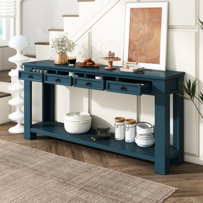 Console en bois massif bleu foncé: table d'appoint chic pour le salon: bleu avec un design tendance