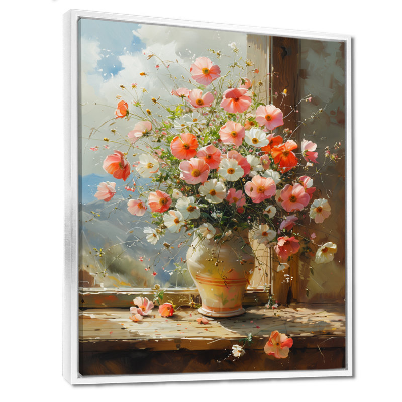 Décoration murale rose et blanc bouton d'or - Bouton d'or, H 32 po x l 24 po x P 1 po, Toile encadrée flottée blanche
