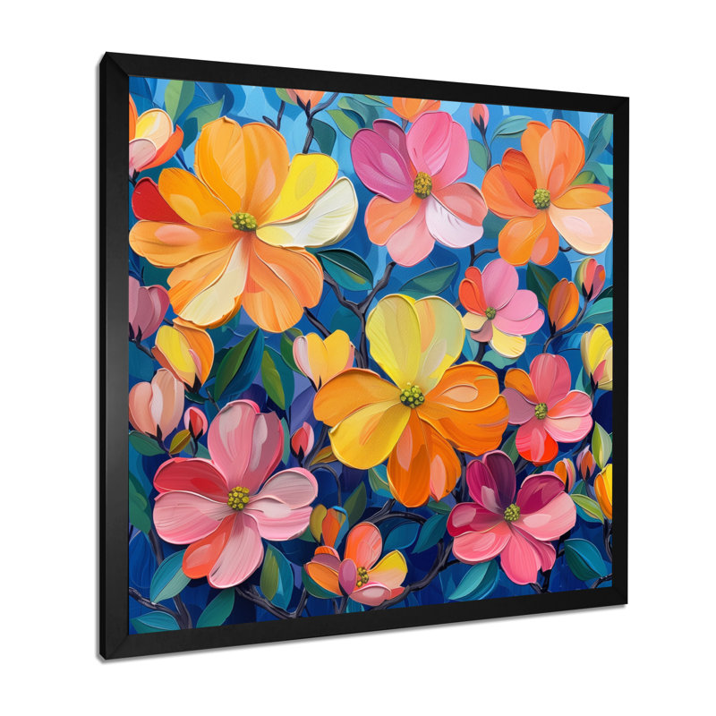 Rose, orange, vibrant, cornouiller II - cornouiller, art mural, Toile encadrée noire simple, H 36 po x l 36 po x P 1,5 po