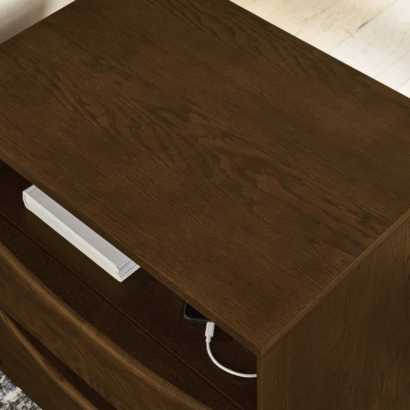 Table de bout avec un design de couleurs rétro, une station de charge et 2 tiroirs pour un agencement d'ameublement polyvalent