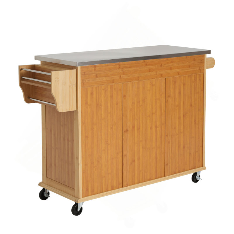 Îlot de cuisine intérieur en bambou avec plateau en acier inoxydable - Chariot mobile avec tiroirs, armoire et porte-serviettes pour la salle à manger et le bar