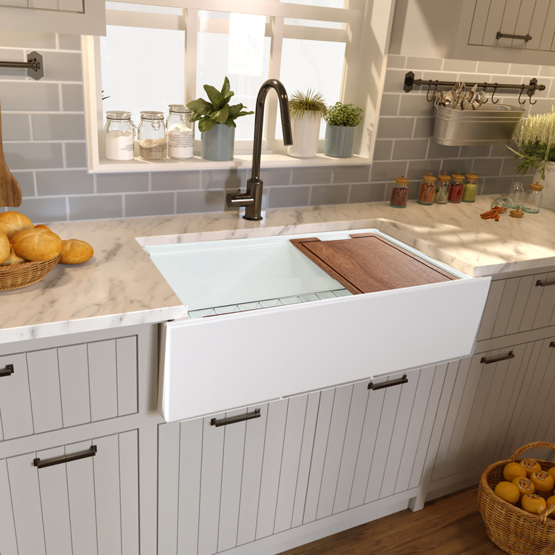36" L x 19" W Farmhouse/Apron Kitchen Sink with Basket Strainer, Cutting Board, Drain Asembly and Sink Grid, White