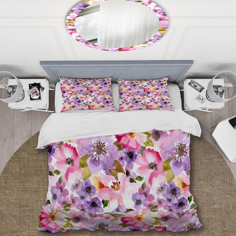 Fleurs mauves et feuille verte - ensemble de housse de couette floral - microfibre de polyester