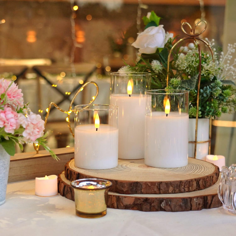 Clear Glass Flameless Candles, Pure White Wax Battery Operated Candles, Led Pillar Candles With Remote Control And Timers, D3 H4 5" 6", Set Of 3
