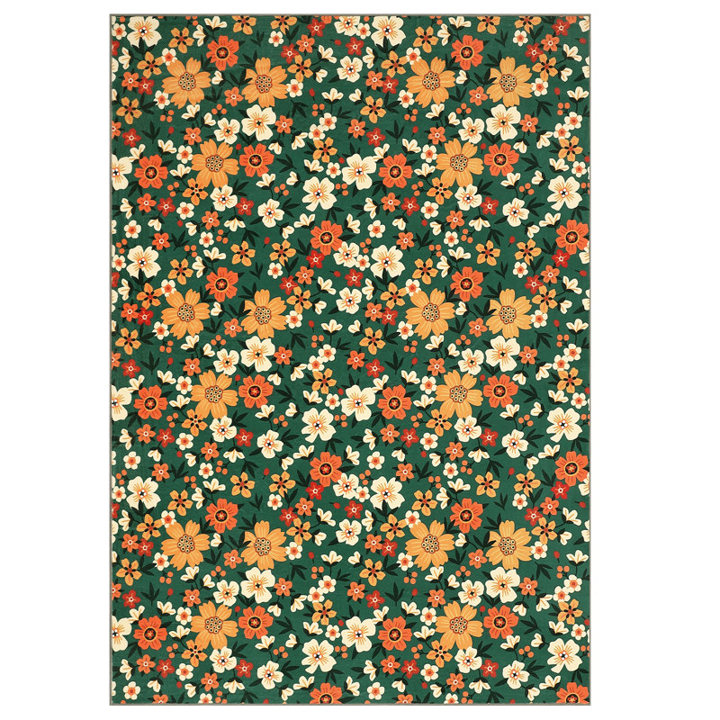 Modern Area Rug Washable Floral Print Floor Mat With Rubber Backing, Stain-Resistant Farmhouse Indoor Carpet, Soft Low Pile Accent Rugs for Bedroom