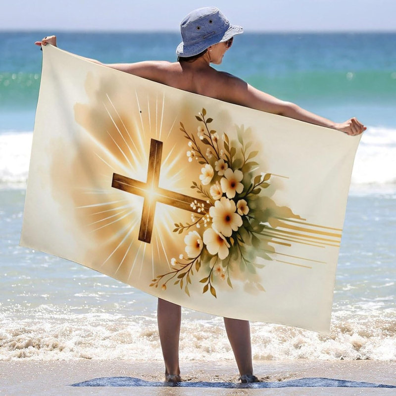 Croix dorée avec fleurs et grande serviette de plage légère, serviettes de bain surdimensionnées sans sable pour adultes pour le pique-nique du camping, 36 x 72 po