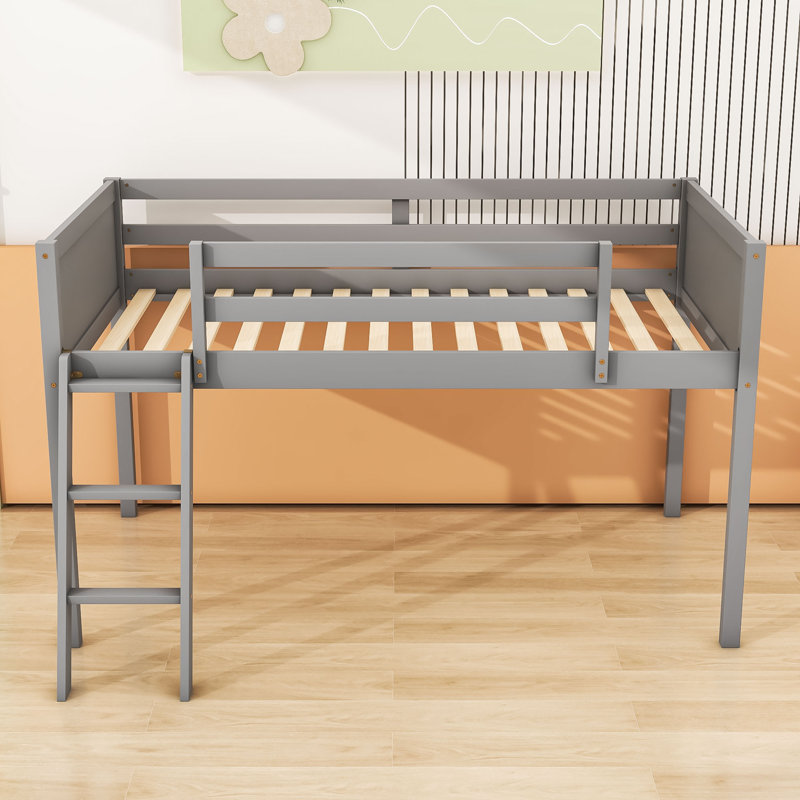 Jeanny Twin Size Wood Low Loft Bed With Ladder,Slats And Guardrails, Gray