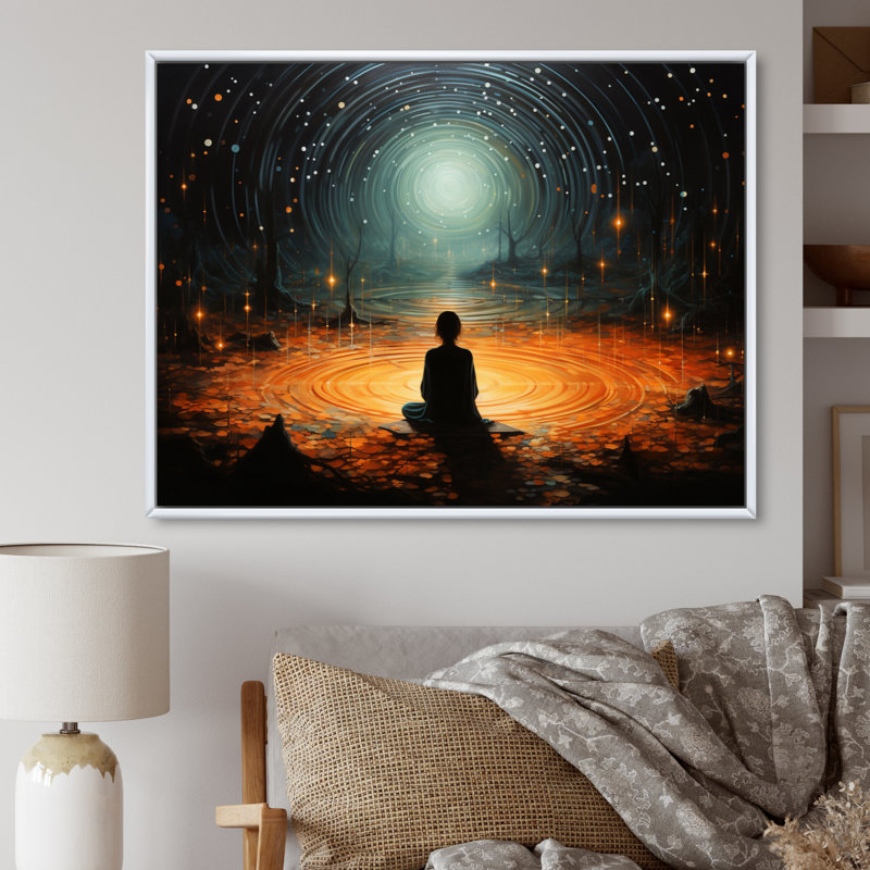 Orange Teal Meditation Stillness Within Pointillism - Spiritual Canvas Wall Art, H 24 po x l 32 po, Cadre flottant blanc