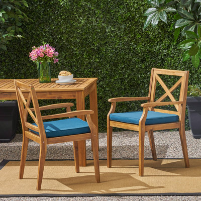 Chaise de salle à manger, 2 pièces avec 2 coussins bleus, pour la cour, la piscine et le jardin