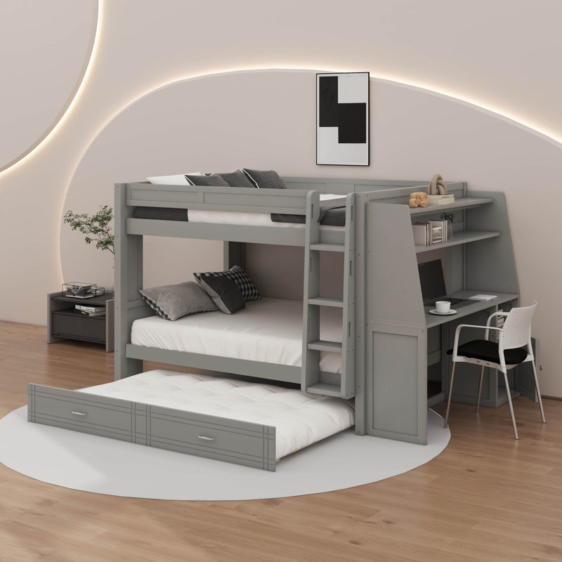 Lit superposé double pleine grandeur avec bureau et bibliothèque, lit gigogne, Gris