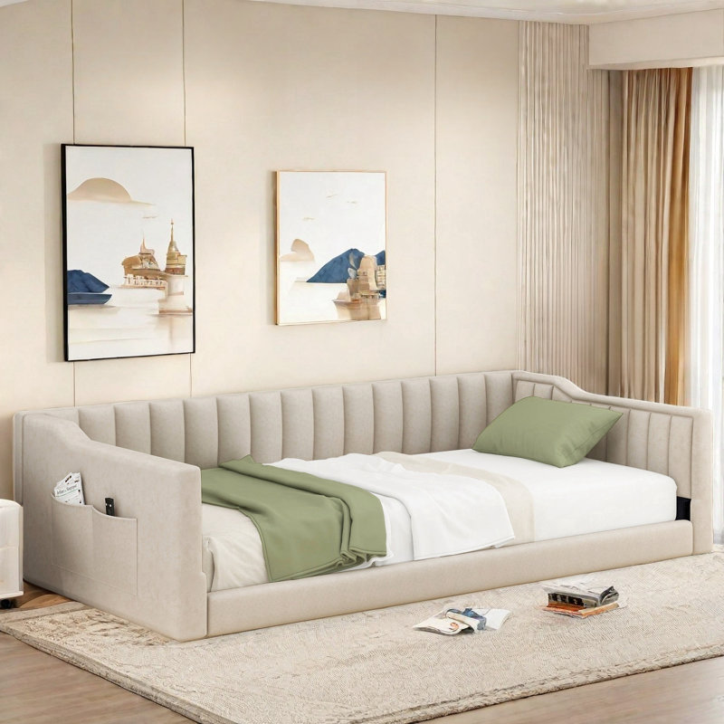 Upholstery Daybed With Side Storage Pockets And Vertical Stripe Design, Beige, Twin XL