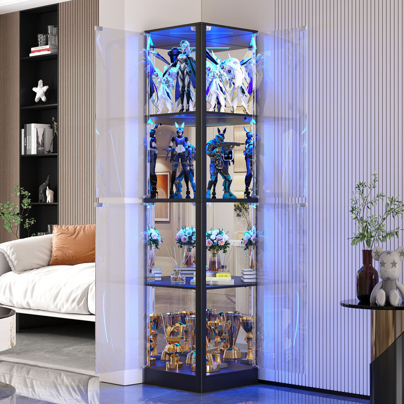 4-Tier Display Cabinet with Tri-Color Sensor Light, Black