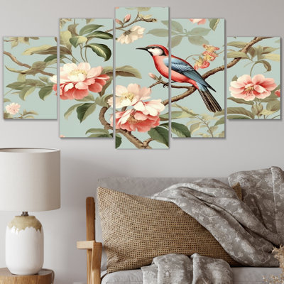 Ensemble de 5 décorations murales oiseaux bruns sur arbres floraux en métal