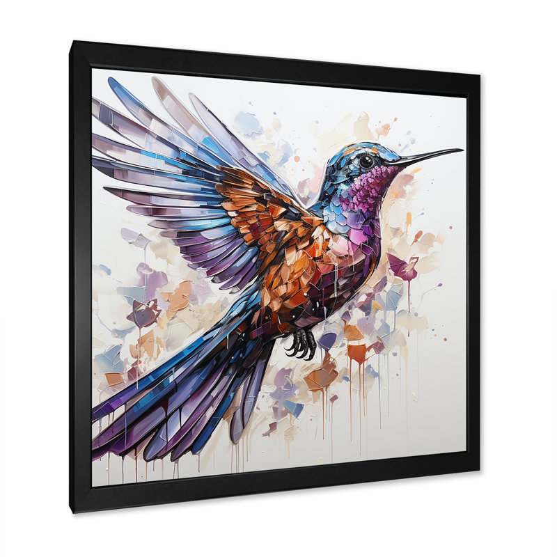 Vol de colibri bleu et brun - Art mural colibri, Cadre simple noir, H 16 po x l 16 po x P 1 po