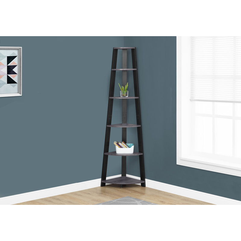 Bookshelf Bookcase Etagere Corner Office Bedroom Laminate Contemporary, Gray/Black, (6 Shelves) 71" H x 16" W x 23" D
