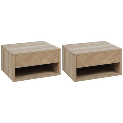 Floating Bedside Table, Set Of 2, Wall-Mounted, With Storage Drawers And Open Shelves, Natural