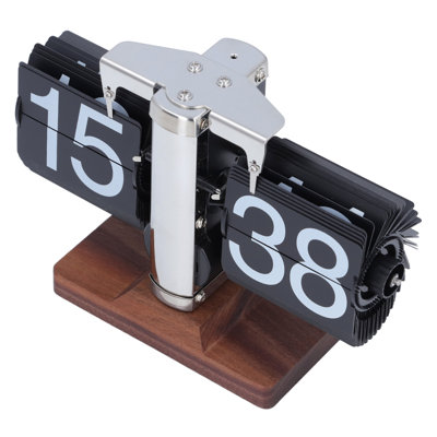 Flip Desk Clock Auto Retro Wood Base Easy to Read 24 Hours Mechanical for Living Room Study Black