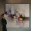 Impression sur tissu grand format - Motif géométrique abstrait violet, orange et beige pour salon ou chambre - « Assemblage du cadre requis (cadre non fini) »-135869540