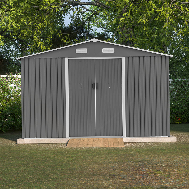 10X8 FT Outdoor Storage Shed,  Metal Foundation & Lockable Doors, Tool Shed For Garden, Patio, Backyard, Lawn, Gray