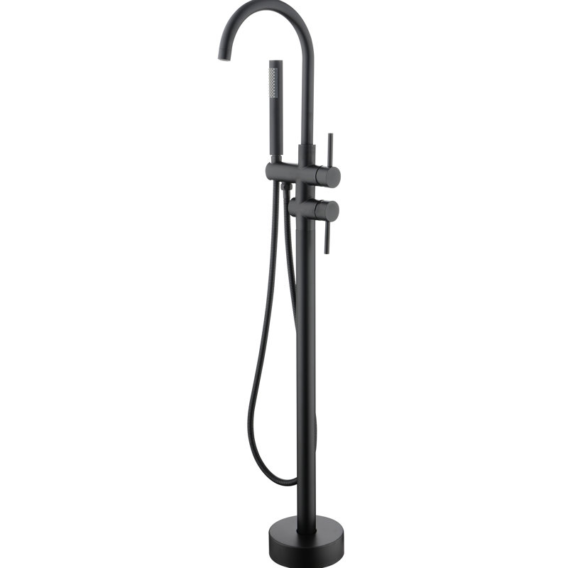 Freestanding Tub Faucet In Brushed Nickel, Handheld Shower, 360 Degree Swivel Spout, Floor Mounted Appealing Filler Rotatable Practical Shower