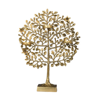 Porte-bougie arbre de vie en laiton fabriqué à la main 9 po - Support à 3 mèches Diya avec racines et branches symboliques