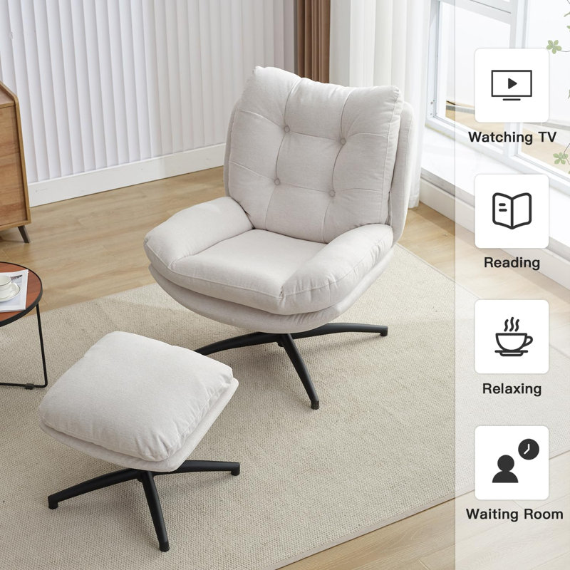 Jakirrah Upholstered Swivel Accent Chair with Ottoman, White