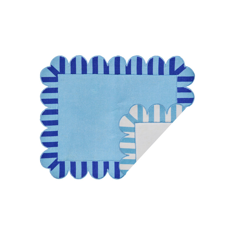 Embroidered Linen Scalloped Stripe Double-Sided Placemats, Blue
