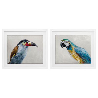 Toucan And Parrot Portrait 2pc Framed Print Under Glass Set, design by Jacob Q